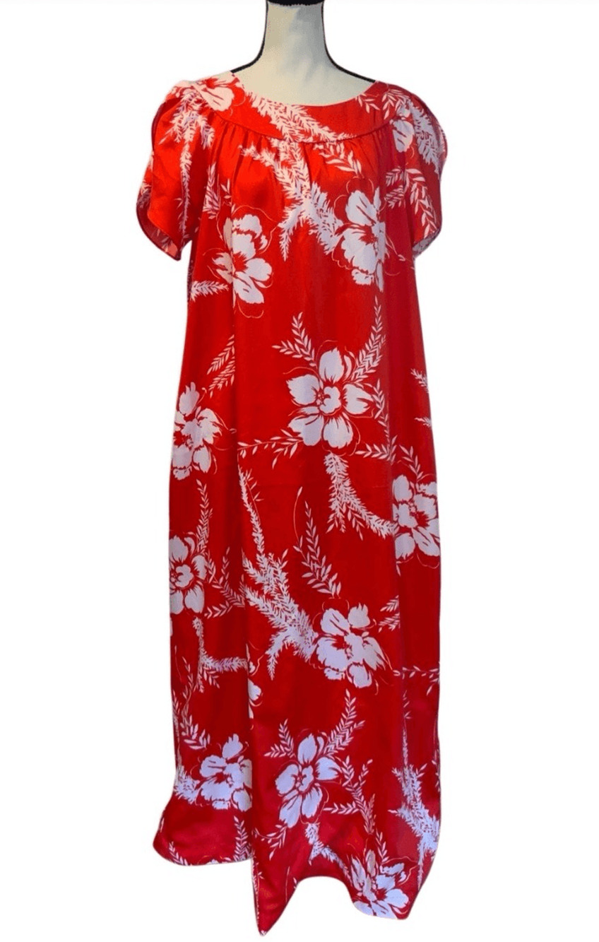 Vintage Hilo Hattie The Hawaiian Original Red Floral Hibiscus Maxi Dress - L